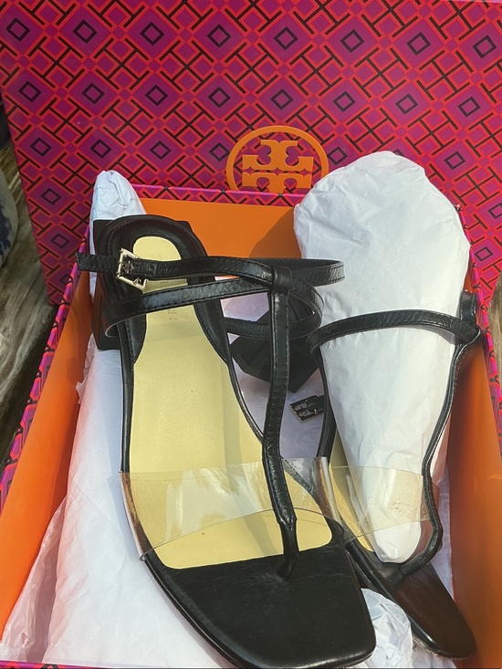 Tory Burch Shoes - Tory Burch Black Leather T-Strap Sandals with Clear Toe Strap size 7.5